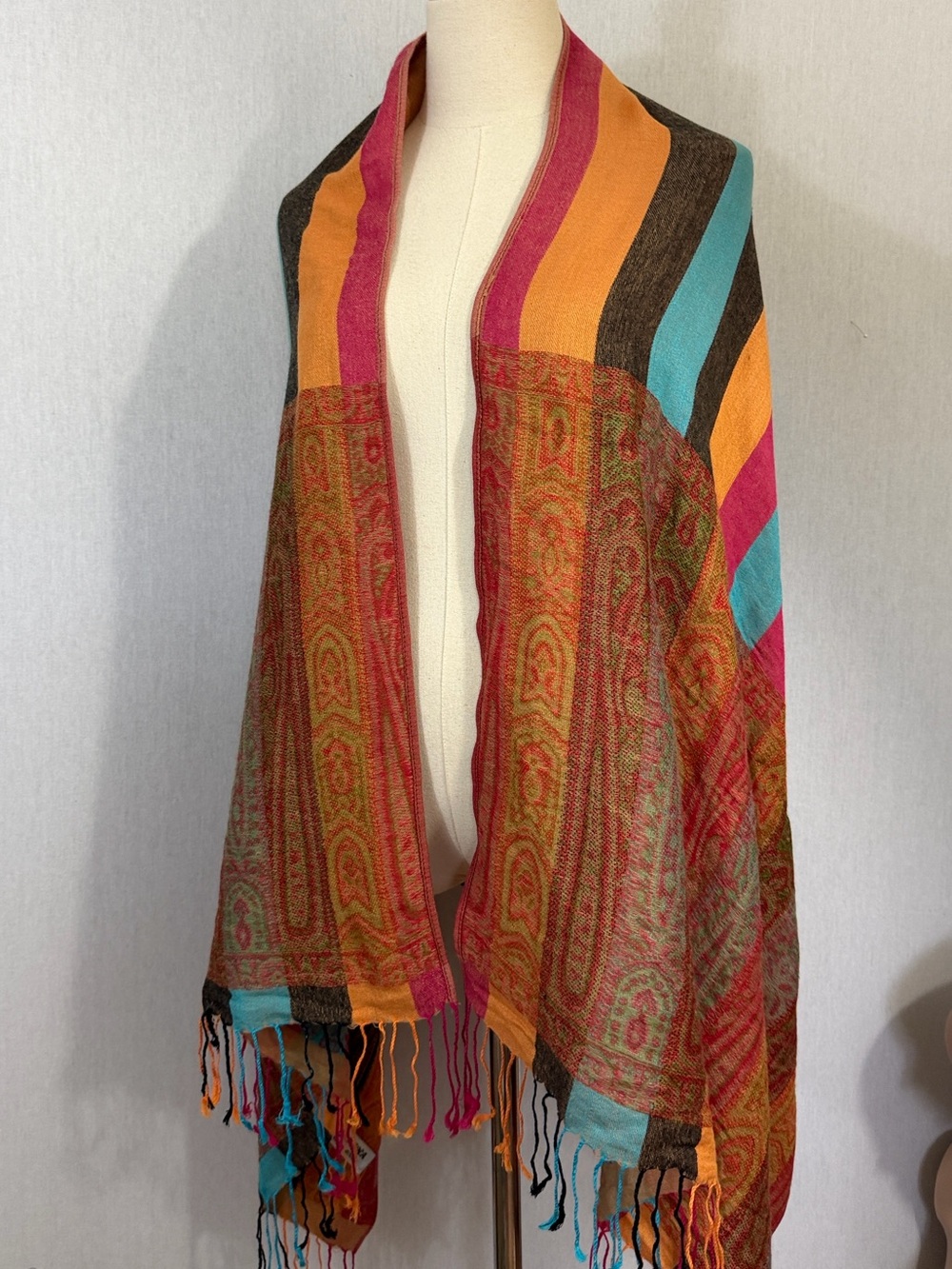 pashmina silk blend Paisley Stripe Shawl wrap scarf Orange turquoise Brown Cream